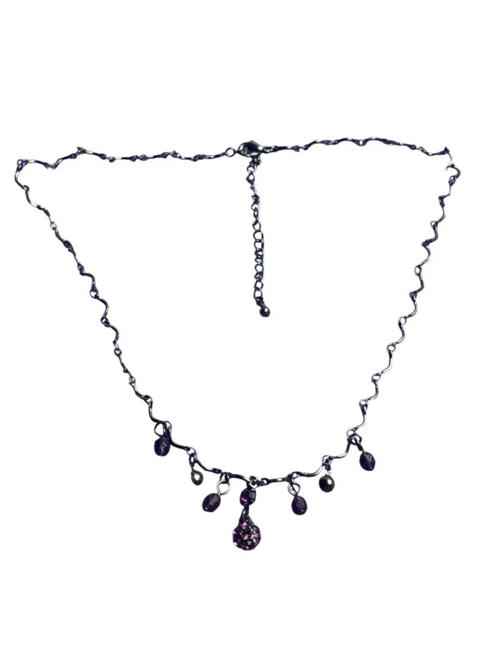 Dainty Gunmetal Chain Necklace Purple Bead Fringe Rhinestones Lobster Clasp